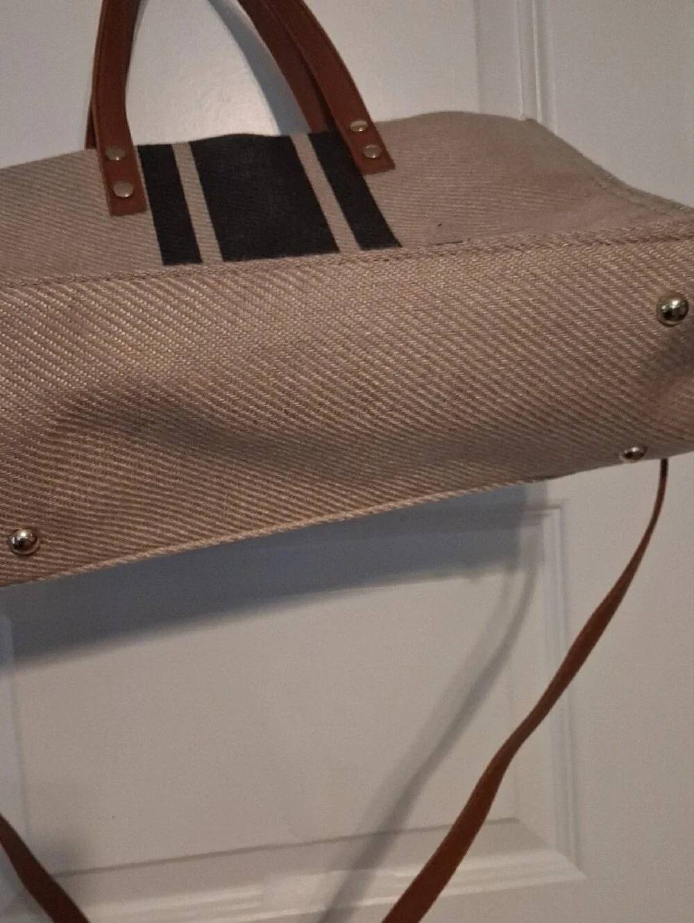 Canvas Tote Messenger Bag with Brown Trim and Black Stripe